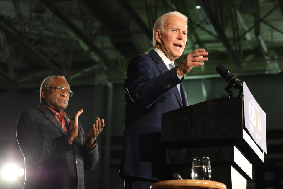 Joe Biden speaks on stage with Rep. Jim Clyburn (D-SC) after declaring victory in the South Carolina presidential primary in a February 29, 2020 file photo, in Columbia, South Carolina. / Credit: Spencer Platt/Getty Images