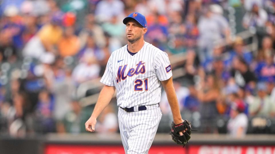 Jul 16, 2023; New York City, New York, USA; New York Mets pitcher Max Scherzer (21) against the Los Angeles Dodgers during the first inning at Citi Field. Mandatory Credit: Gregory Fisher-USA TODAY Sports