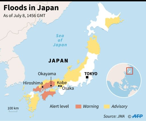 Map showing parts of Japan that have been swamped by heavy rains and flooding