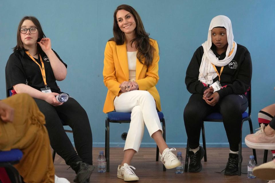 britains catherine, princess of wales c, reacts as she visits the dame kelly holmes trust in bath, south west england on may 16, 2023, where she met with some of the young people that the charity supports photo by kin cheung pool afp photo by kin cheungpoolafp via getty images