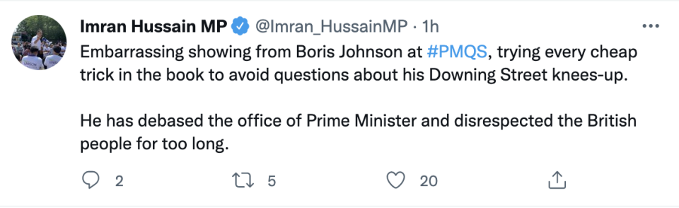 Imran Hussain MP slated the PM for avoiding the questions (Twitter)