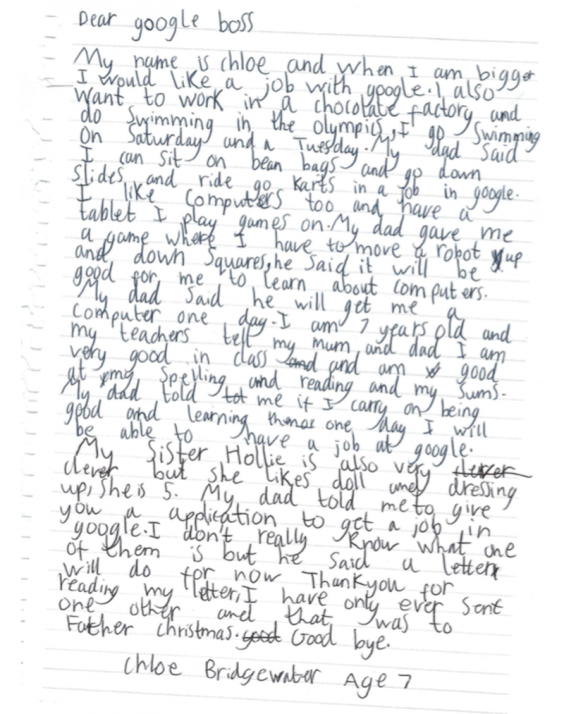 La lettera scritta a mano dalla piccola Chloe
