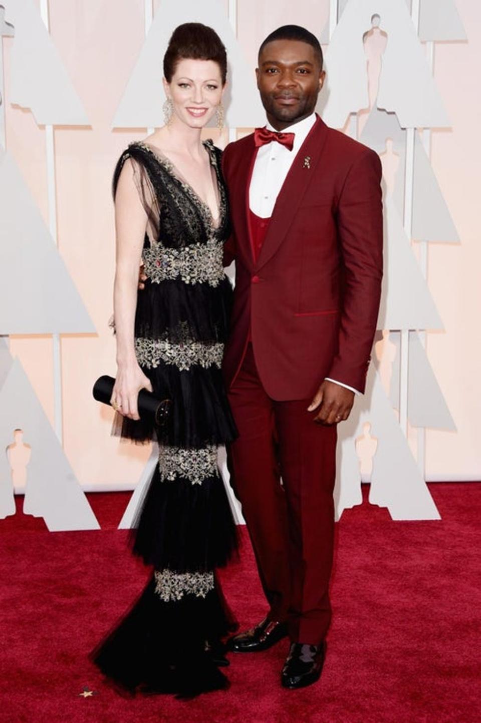 David Oyelowo wore a burgundy Dolce & Gabbana tuxedo to the 87th Academy Awards. (Getty)