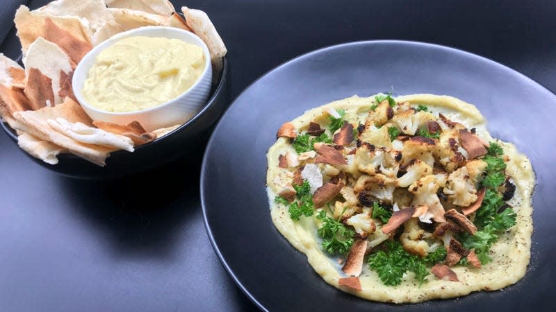 Golden Garlic Toum two ways: as a dipping sauce and topped with roasted cauliflower