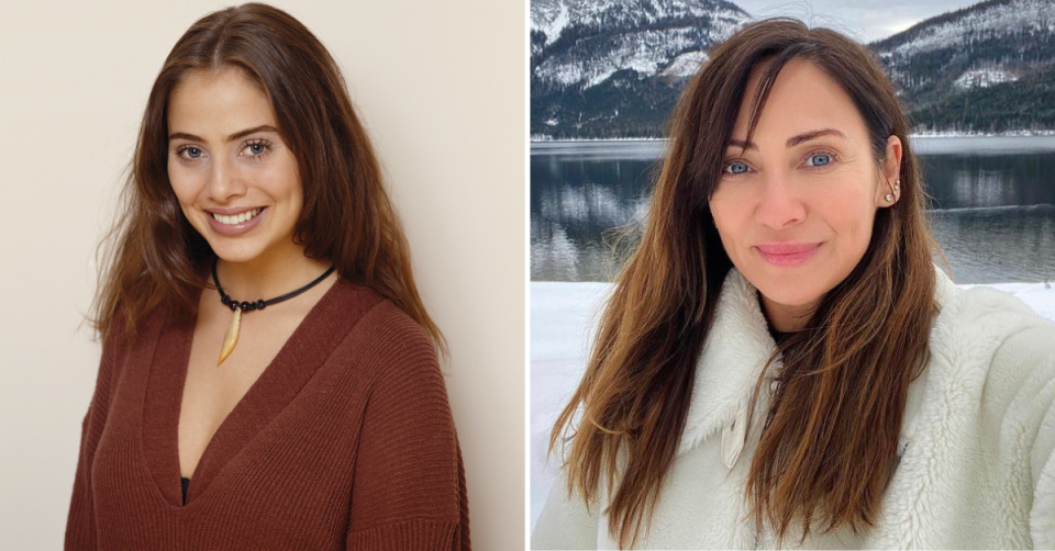 Natalie Imbruglia in Neighbours and a recent shot from her Instagram account against a snowy lake shore with mountains.