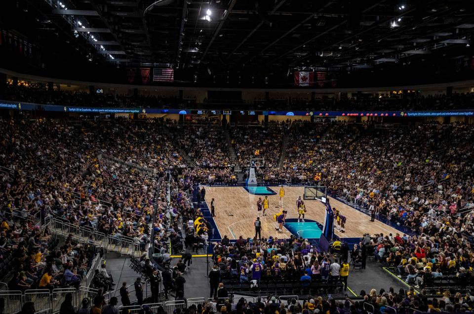Acrisure arena is seen set up for the Los Angeles Lakers and Phoenix Suns preseason game in Palm Desert, Calif., Thursday, Oct. 19, 2023.