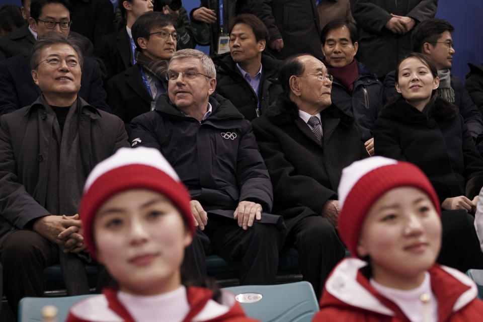 FILE - In this Feb. 10, 2018, file photo, Kim Yo Jong, sister of North Korean leader Kim Jong Un, right, and North Korea's nominal head of state Kim Yong Nam, second right, sit next to Thomas Bach, president of the International Olympic Committee and South Korean President Moon Jae-in, left, as they arrive to watch the preliminary round of the women's hockey game between Switzerland and the combined Koreas at the 2018 Winter Olympics in Gangneung, South Korea. Kim Yo Jong, the younger sister of Kim Jong Un, made the first-ever visit to the South by a member of the ruling Kim dynasty since the end of the 1950-53 Korean War. (AP Photo/Felipe Dana, File)