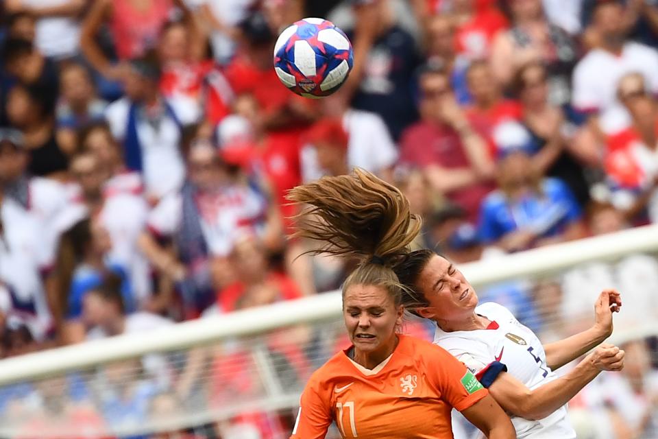 Netherlands' forward Lieke Martens (L) and United States' defender Kelley O'Hara vie for the ball during the France 2019 Womens World Cup football final match between USA and the Netherlands, on July 7, 2019, at the Lyon Stadium in Lyon, central-eastern France. (Photo by FRANCK FIFE/AFP/Getty Images)