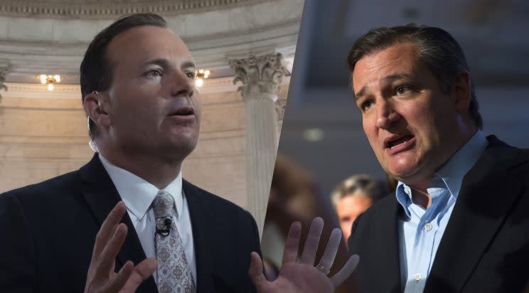 Sen. Mike Lee, R-Utah and Sen. Ted Cruz, R-TX discusses issues with concerned citizens after holding a town hall meeting on July 6, 2017 in Austin, Texas. (Photos: J. Scott Applewhite/AP, Erich Schlegel/Getty Images)