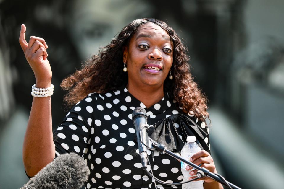 Detroil Councilmember Janée Ayers gives remarks during a park ribbon-cutting ceremony in July.