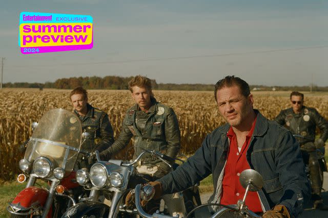 <p>Mike Faist/Focus Features</p> Boyd Holbrook, Austin Butler, and Tom Hardy in 'The Bikeriders,' photographed on set by costar Mike Faist