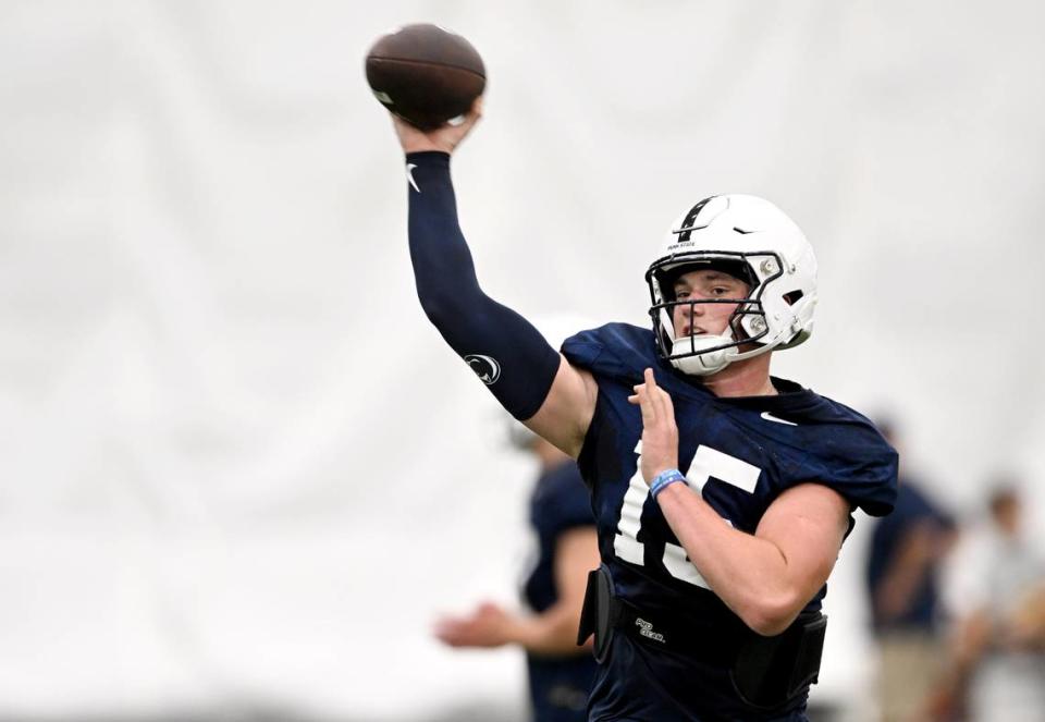 Penn State quarterback Drew Allar makes a pass during practice on Sunday, Aug. 6, 2023.