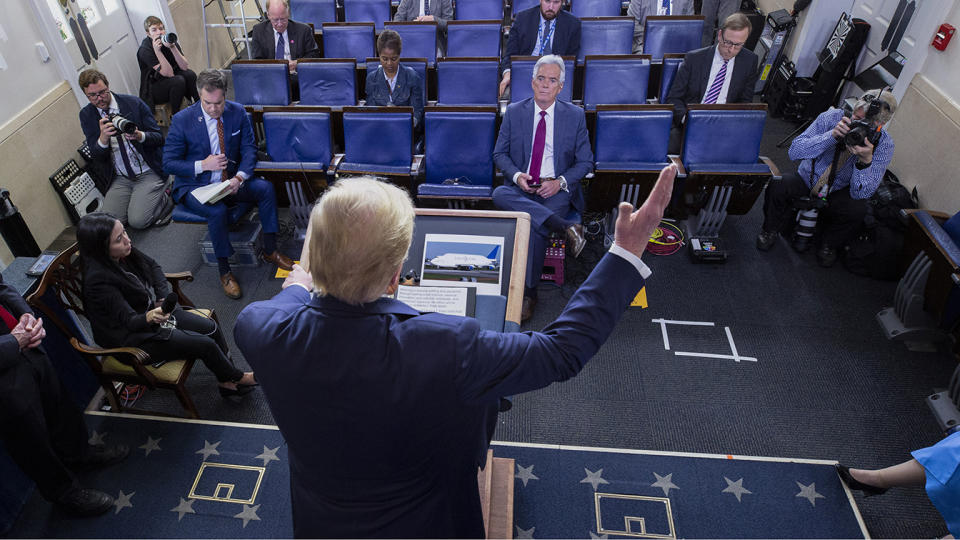 President Donald Trump speaks about the coronavirus in the James Brady Press Briefing Room, Friday, March 27, 2020, in Washington. (Alex Brandon/AP)