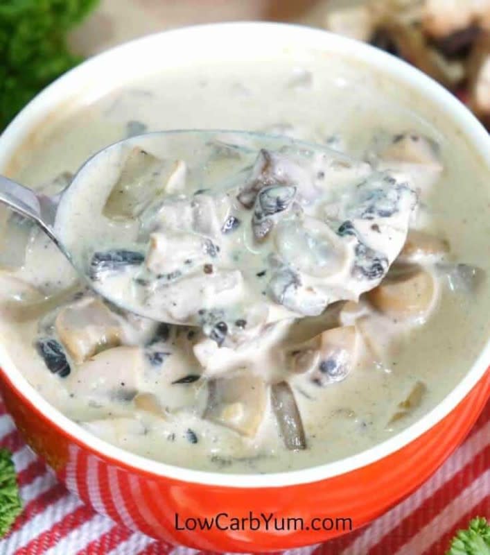 <p>Low Carb Yum</p><p>Cream soups often contain thickeners which add unnecessary carbs. This version uses a low-carb thickener instead.</p><p><strong>Get the recipe:</strong><a href="https://lowcarbyum.com/cream-of-mushroom-soup/" rel="nofollow noopener" target="_blank" data-ylk="slk:Cream of Mushroom Soup;elm:context_link;itc:0;sec:content-canvas" class="link "> <strong>Cream of Mushroom Soup</strong></a></p>