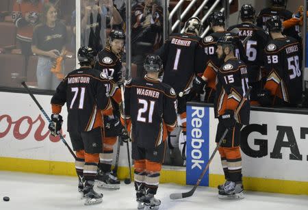 May 20, 2017; Anaheim, CA, USA; The Anaheim Ducks react following the loss against the Nashville Predators in game five of the Western Conference Final of the 2017 Stanley Cup Playoffs at Honda Center. Gary A. Vasquez-USA TODAY Sports
