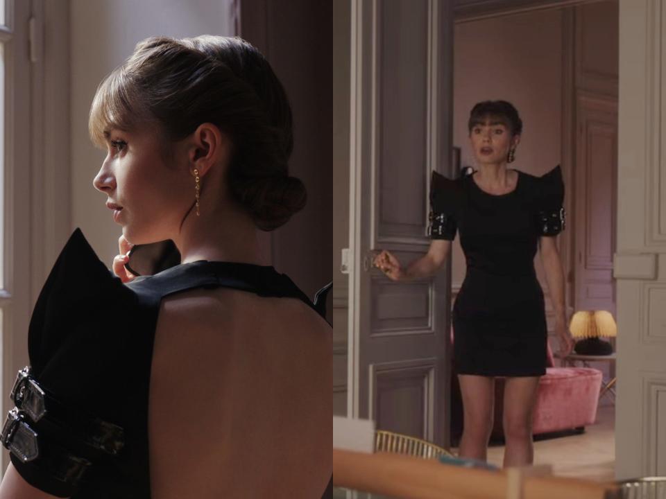 Lily Collins wearing a little black dress on "Emily in Paris."