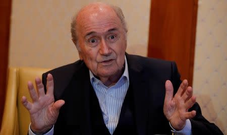 FILE PHOTO: Former FIFA President Sepp Blatter gestures during an interview with Reuters in Zurich, Switzerland April 10, 2018. REUTERS/Arnd Wiegmann