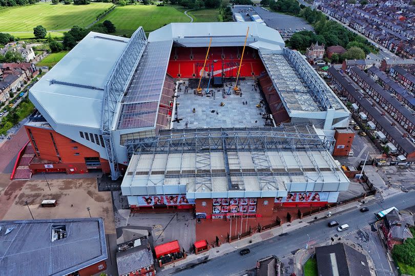 A stage being constructed on the pitch of Anfield Stadium in Liverpool ahead of the Taylor Swift gigs