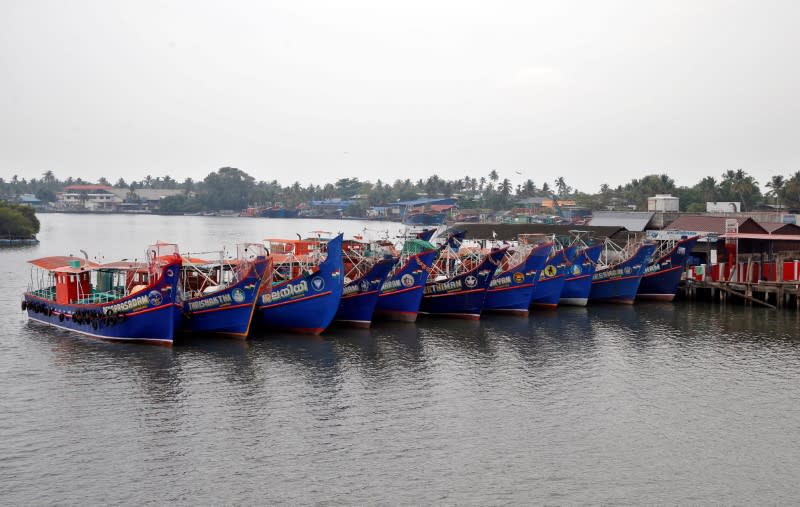 Empty fishing boats are anchored in waters of Vembanad Lake during 21-day nationwide lockdown to limit the spreading of Coronavirus disease, in Kochi