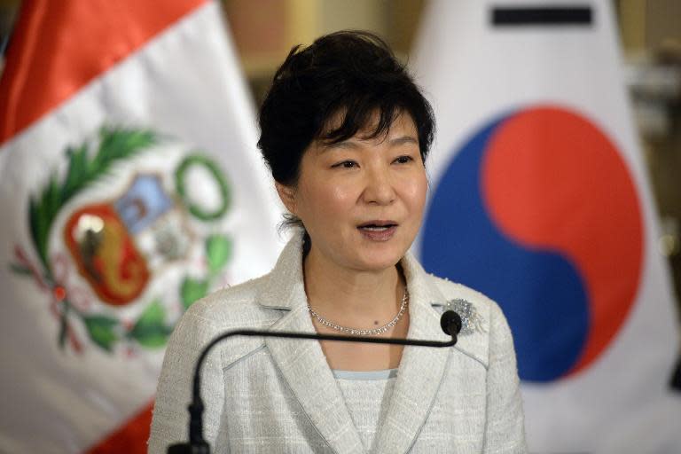 South Korean President Park Geun-Hye speaks at the presidential palace during her official visit to Lima, Peru, on April 20, 2015