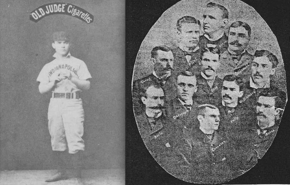 Larry Corcoran with the Hoosiers (L). The White Stockings of the 1880s (R) with Corcoran at the bottom. (Photos provided by Penelope Corcoran)