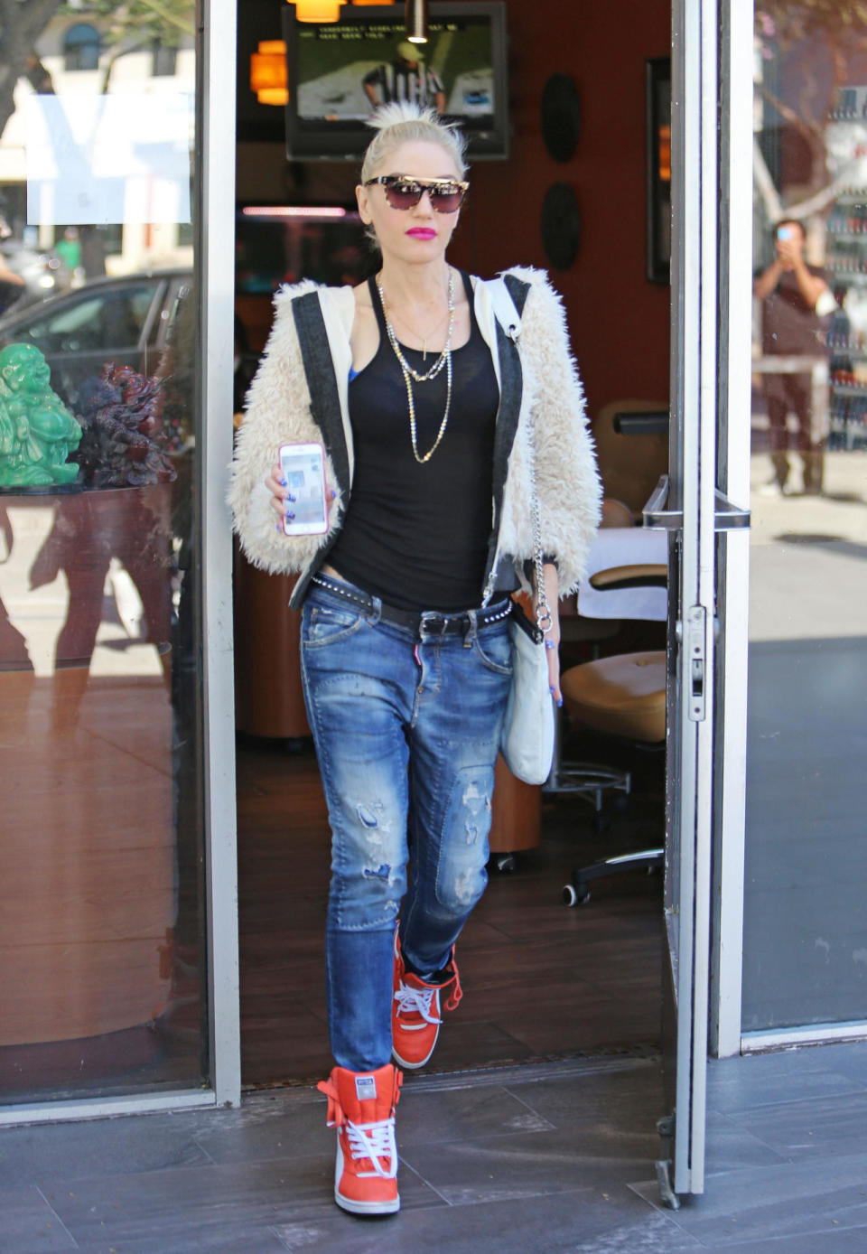 Gwen Stefani in a shearling jacket and baggy jeans in Los Angeles, Calif. 