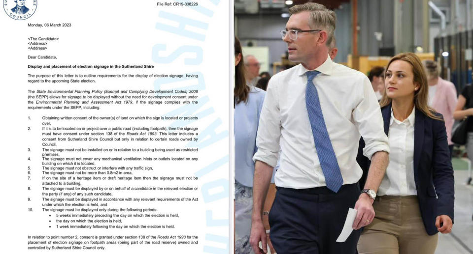 Candidate letter from Sutherland Shire Council (left) Premier of NSW Dominic Perrottet with Liberal candidate for Holsworthy Tina Ayyad at factory in Chipping Norton