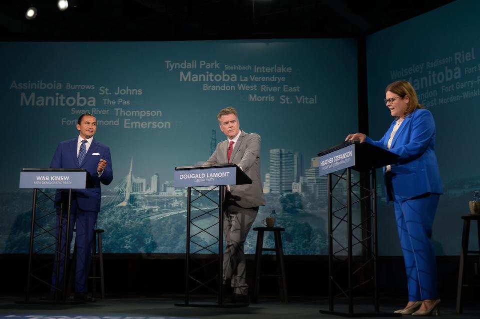 From left: Manitoba NDP Leader Wab Kinew, Liberal Leader Dougald Lamont and Progressive Conservative Leader Heather Stefanson at a party leaders' debate at CBC Manitoba on Thursday, Sept. 21, 2023.