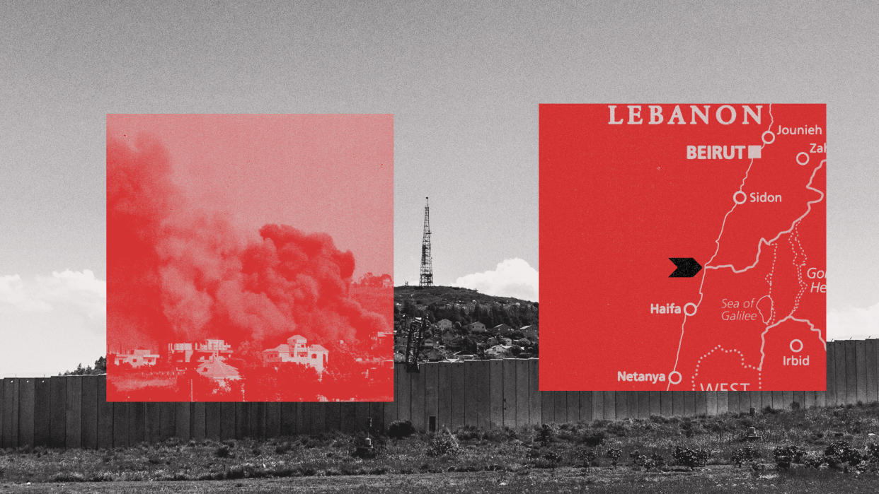  Photo composite of the Israel-Lebanon border, smoke from a rocket attack and a map of the region. 