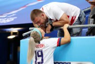 Julie Ertz of the USA celebrates with her husband, NFL player Zach Ertz, following USA's victory in the 2019 FIFA Women's World Cup France Final match between The United States of America and The Netherlands at Stade de Lyon on July 07, 2019 in Lyon, France. (Photo by Elsa/Getty Images)