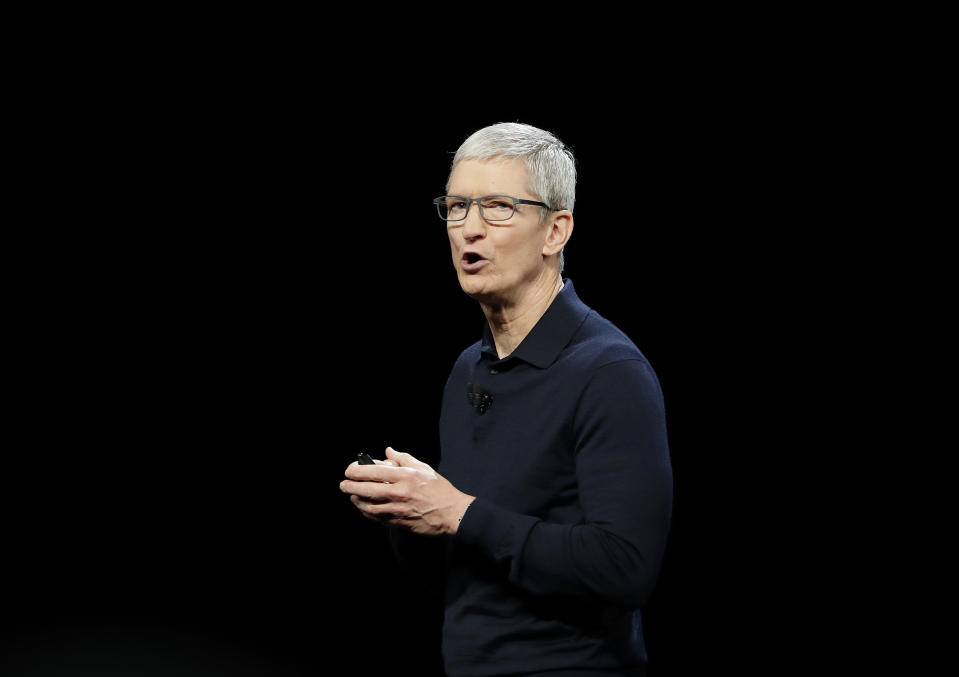 FILE - In this June 4, 2018 file photo, Apple CEO Tim Cook speaks during an announcement of new products at the Apple Worldwide Developers Conference in San Jose, Calif. Apple is expected to announce Monday, March 25, 2019, that it’s launching a video service that could compete with Netflix, Amazon and cable TV itself. (AP Photo/Marcio Jose Sanchez, File)