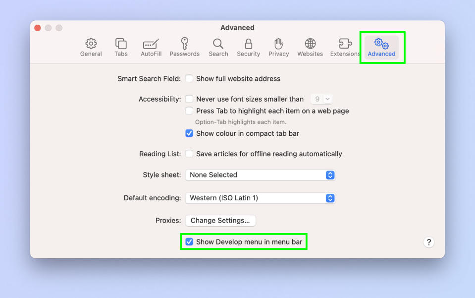 A screenshot showing how to Inspect Element in Safari for Mac