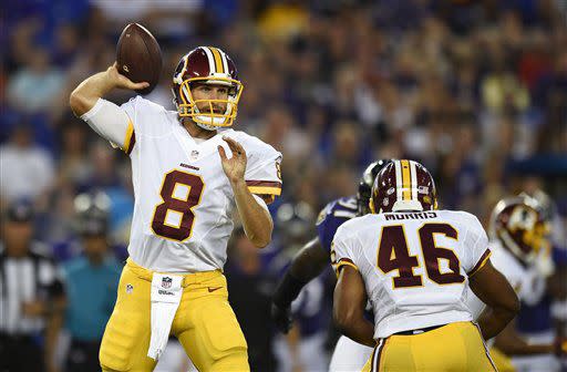 Washington Redskins quarterback Kirk Cousins (8) throws to a receiver in the first half of a preseason NFL football game against the Baltimore Ravens, Saturday, Aug. 29, 2015, in Baltimore. (AP Photo/Gail Burton)