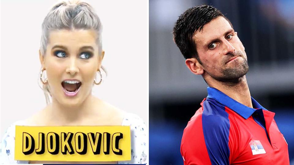 Eugenie Bouchard (pictured left) reacting during a word-game and Novak Djokovic (pictured right) looking frustrated.