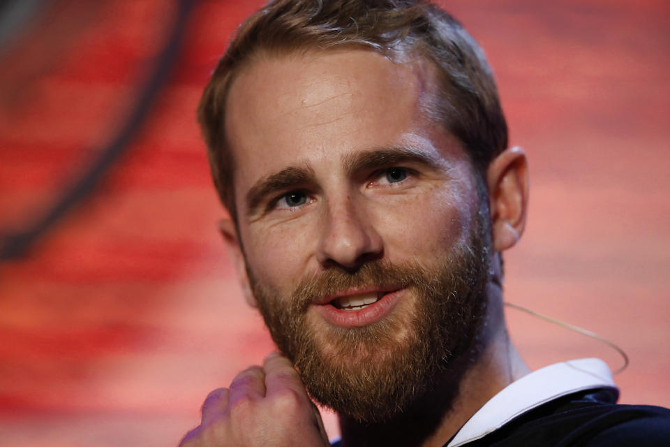 New Zealand's Kane Williamson talks during the Captains' Press Conference, in London, Thursday, May 23, 2019. The Cricket World Cup starts on Thursday May 30. (Andrew Boyers/Pool Photo via AP)