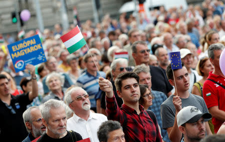 People attend a demonstration against Hungary's Prime Minister Viktor Orban in Budapest, Hungary, September 16, 2018. REUTERS/Bernadett Szabo