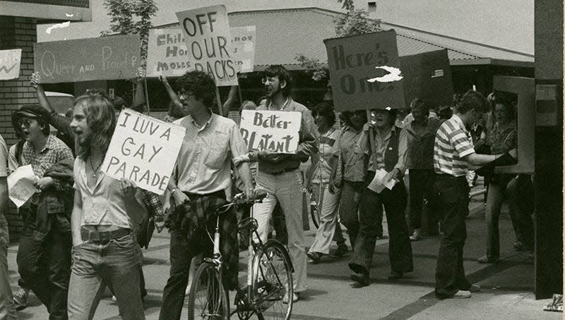 Students from the University of Oregon march in a Stonewall celebration parade in downtown Eugene in 1977.