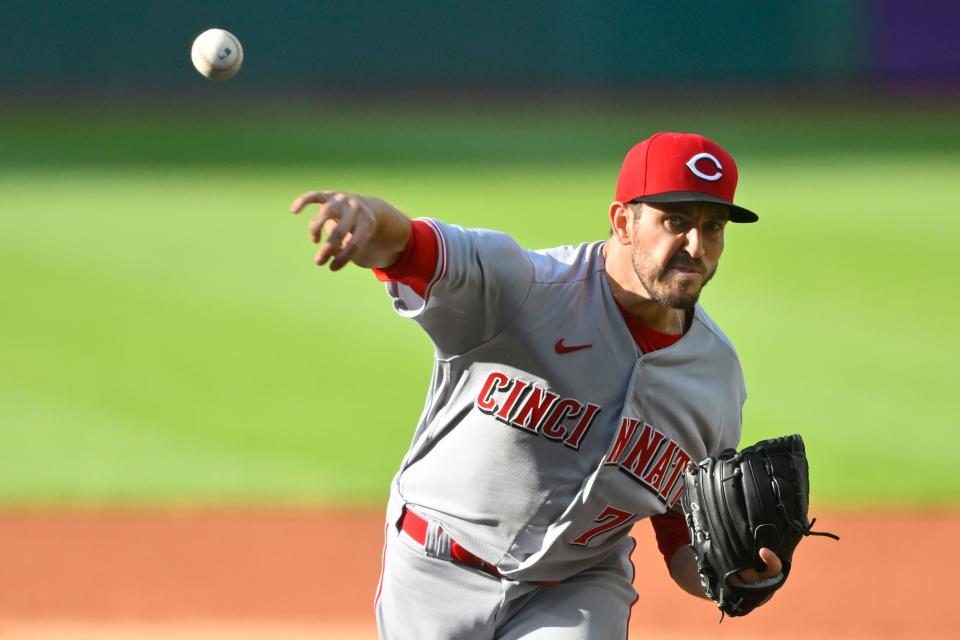Cincinnati Reds starting pitcher Connor Overton (71) delivers a pitch in the first inning against the Cleveland Guardians at Progressive Field on May 17, 2022.