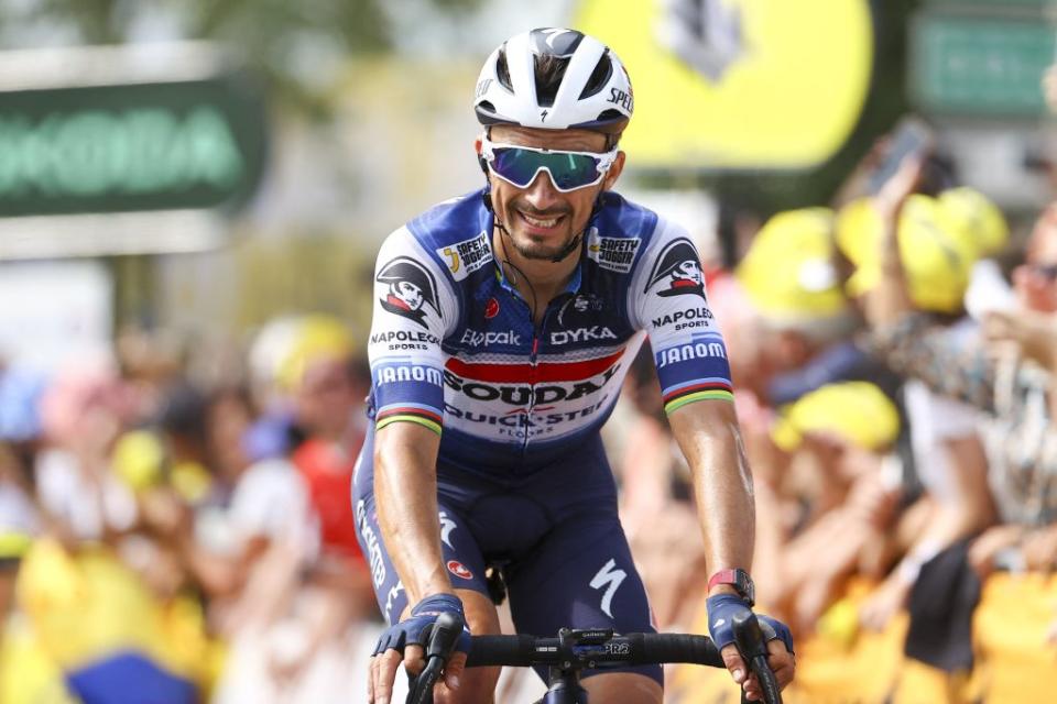 French Julian Alaphilippe of Soudal QuickStep pictured in action during stage 19 of the Tour de France cycling race from MoiransenMontagne to Poligny 1728 km France Friday 21 July 2023 This years Tour de France takes place from 01 to 23 July 2023 BELGA PHOTO DAVID PINTENS Photo by DAVID PINTENS  BELGA MAG  Belga via AFP Photo by DAVID PINTENSBELGA MAGAFP via Getty Images