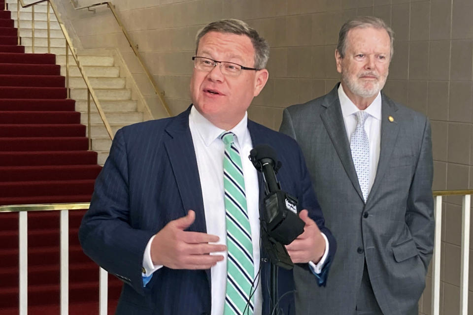 FILE - North Carolina House Speaker Tim Moore, R-Cleveland, left, speaks while Senate Leader Phil Berger, R-Rockingham, listens during a post-election news conference at the Legislative Building in Raleigh, N.C., on Wednesday, Nov. 9. 2022. Speaker Tim Moore is the choice of North Carolina state House Republicans to lead the chamber for the next two years after an internal vote on Friday, Nov. 18, 2022, that should bring him history-making longevity at the top. (Gary D. Robertson / AP file)