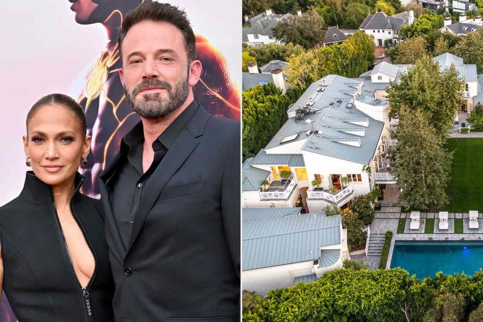 <p>Axelle/Bauer-Griffin/FilmMagic, Adrian van Anz</p> Jennifer Lopez and husband Ben Affleck (left) and their former rental home in Beverly Hills (right).