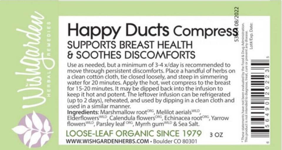 WishGarden Herbs, Inc. recalled one lot of Happy Ducts Compress after it learned of a possible supply chain contamination.