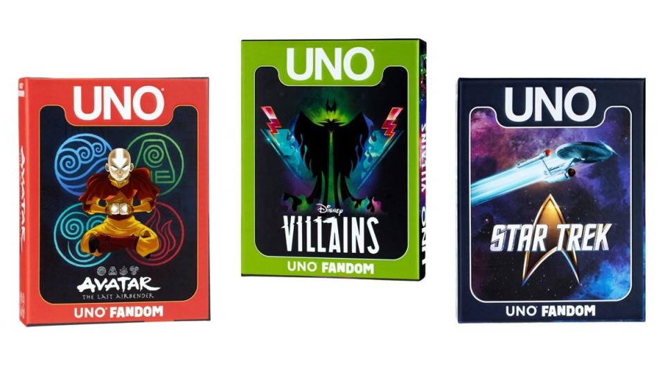 UNO Fandom deck cover art for Avatar: The Last Airbender, Disney Villains, and Star Trek.