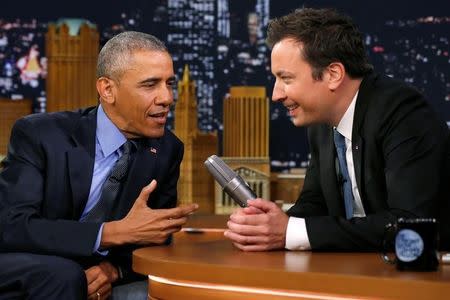 U.S. President Barack Obama talks to Tonight Show host Jimmy Fallon during a break in a taping of the show, to air Thursday night, at NBC's Rockefeller Center studios in New York, U.S. June 8, 2016. REUTERS/Jonathan Ernst