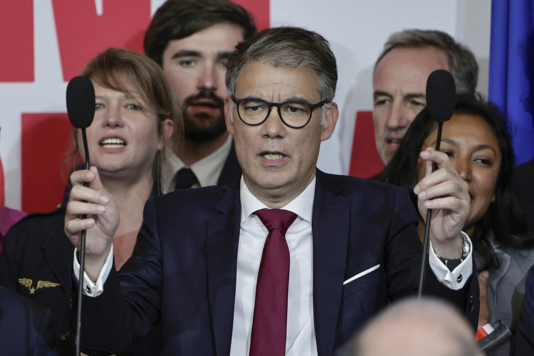 First Secretary of the French left-wing Socialist Party (PS) Olivier Faure (C) delivers a speech after the announcement of initial results during the party's election night event following the first results of the second round of France's legislative election in Paris on July 7, 2024. (Photo by STEPHANE DE SAKUTIN / AFP) (Photo by STEPHANE DE SAKUTIN/AFP via Getty Images)