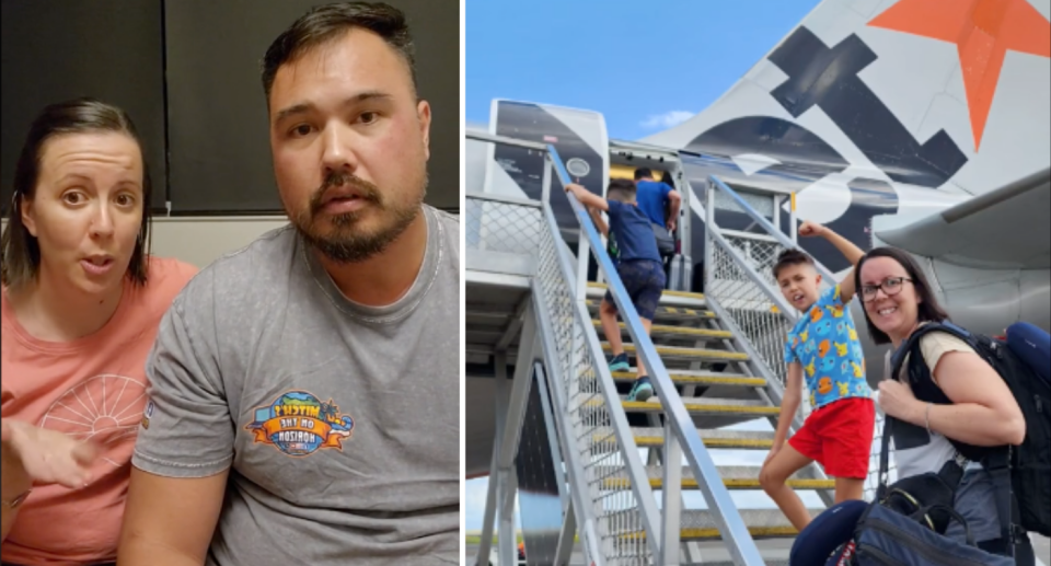 Left is an image of Pauline and Jimmy talking to a camera. Right is an image of the family walking on to the Jetstar flight.