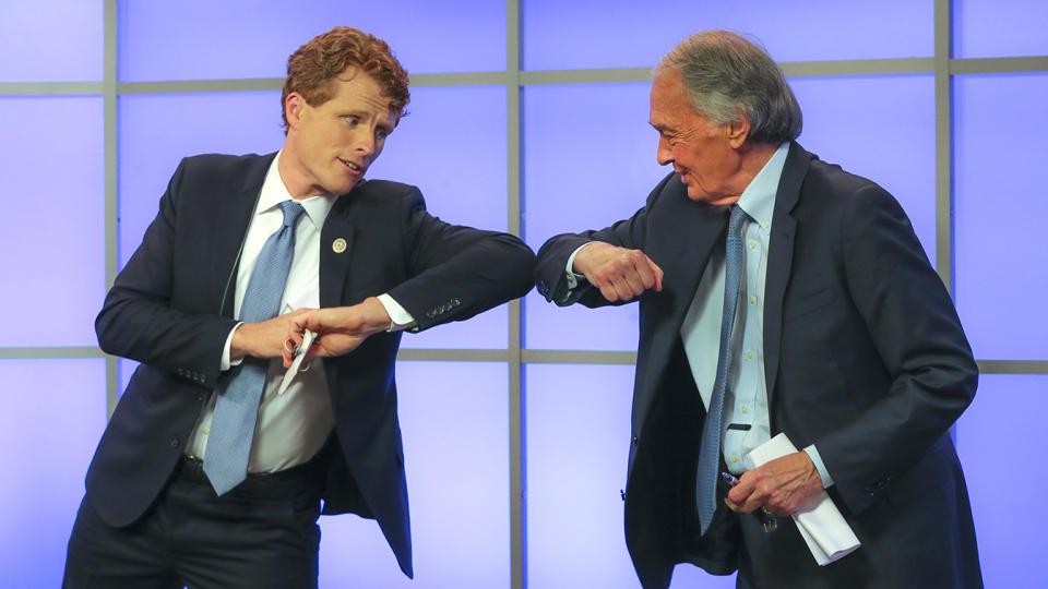 Rep. Joseph P. Kennedy III elbow bumps Sen. Edward J. Markey after their debate at the Western Mass News station in Springfield, MA on June 1, 2020. (Photo by Matthew J. Lee/The Boston Globe via Getty Images)