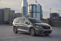 This photo provided by Chrysler shows the Pacifica Hybrid. The only plug-in hybrid in its class, the Pacifica can drive 32 miles on electricity alone. (Courtesy of Stellantis via AP)