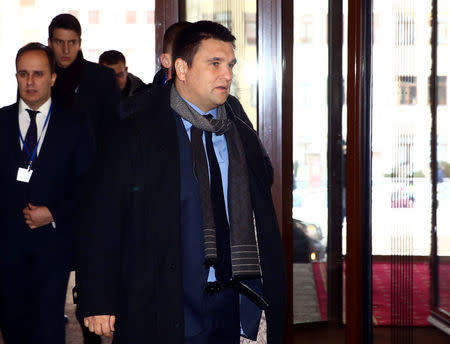 Ukraine's Foreign Minister Pavlo Klimkin (front) arrives for talks on the crisis in eastern Ukraine in Minsk, Belarus November 29, 2016. REUTERS/Vasily Fedosenko