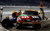 RICHMOND, VA - APRIL 28: Kyle Busch, driver of the #18 M&M's Ms. Brown Toyota, pits during the NASCAR Sprint Cup Series Capital City 400 at Richmond International Raceway on April 28, 2012 in Richmond, Virginia. (Photo by Jeff Zelevansky/Getty Images for NASCAR)